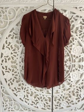 Babaton 100% Silk Blouse Rust Brown Short Sleeve Draped Front Size XS